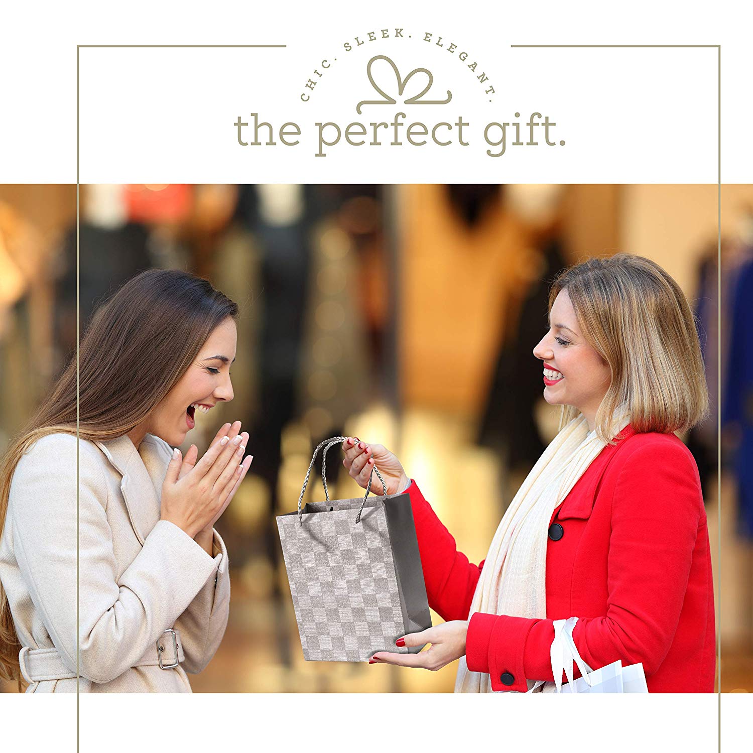 Checkered Gift Bags Set 12 Pack 9"X 7"X 4" Light Grey